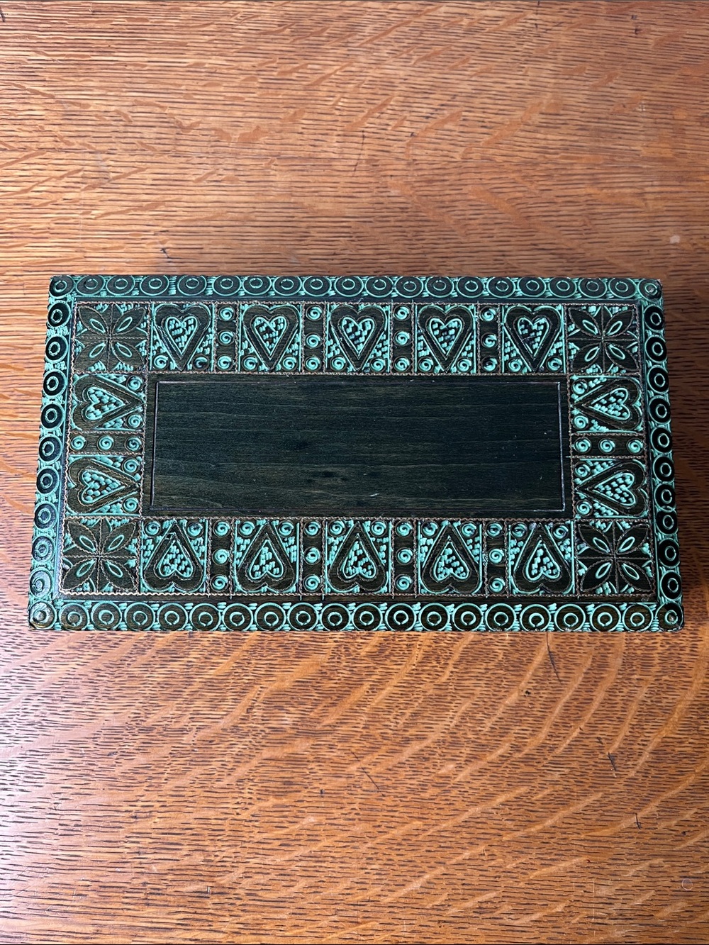 Vintage Green Polish Carved Wood Trinket Box with Teal Heart Inlay